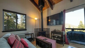 Un saló acollidor amb una llar de foc, un sofà amb coixins estampats, una televisió penjada a la paret i una finestra gran amb vista a arbres.