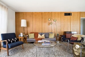 TV, fireplace - Mid-Century Retreat Near El Paseo (Palm Desert)