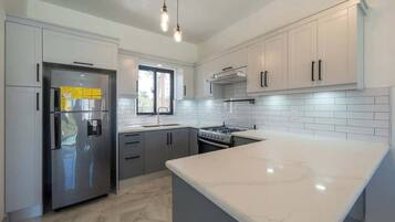Fridge, microwave, oven, stovetop