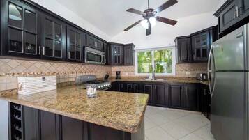 Fridge, coffee/tea maker, cookware/dishes/utensils