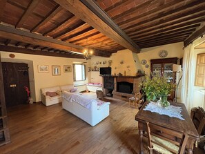 A rustic living room with a fireplace, wooden beams, a sofa, and a dining table. - Charming ancent Stone Houes  located near Lucca (Colognora)