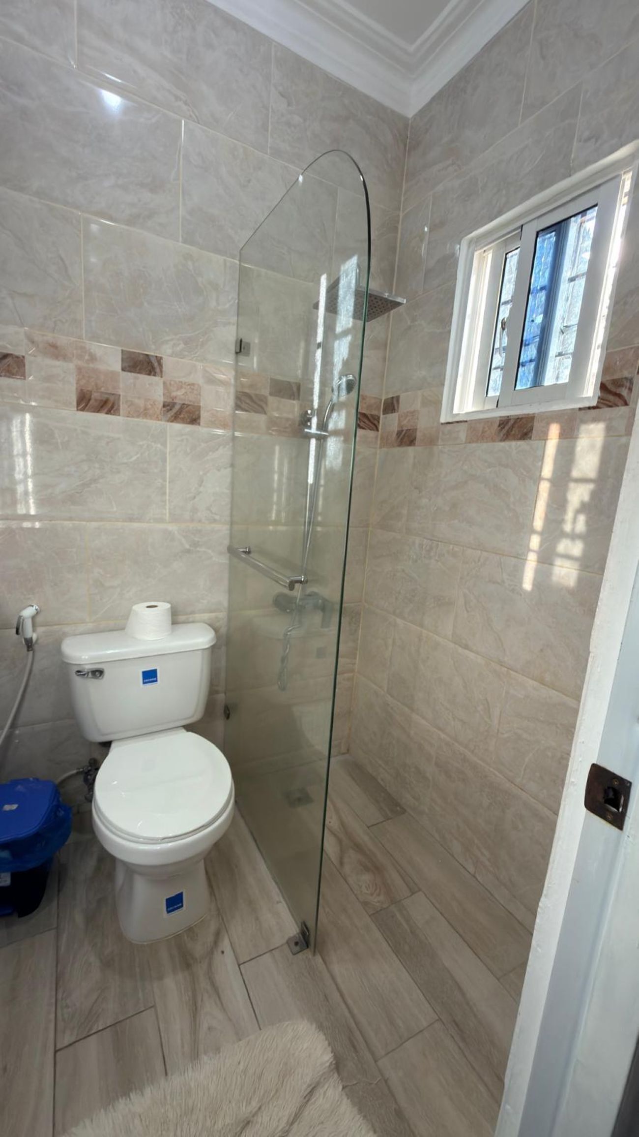 A bathroom with a glass-enclosed shower, a toilet, and a window.