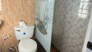A bathroom with a toilet, a glass shower enclosure, and a green rug.