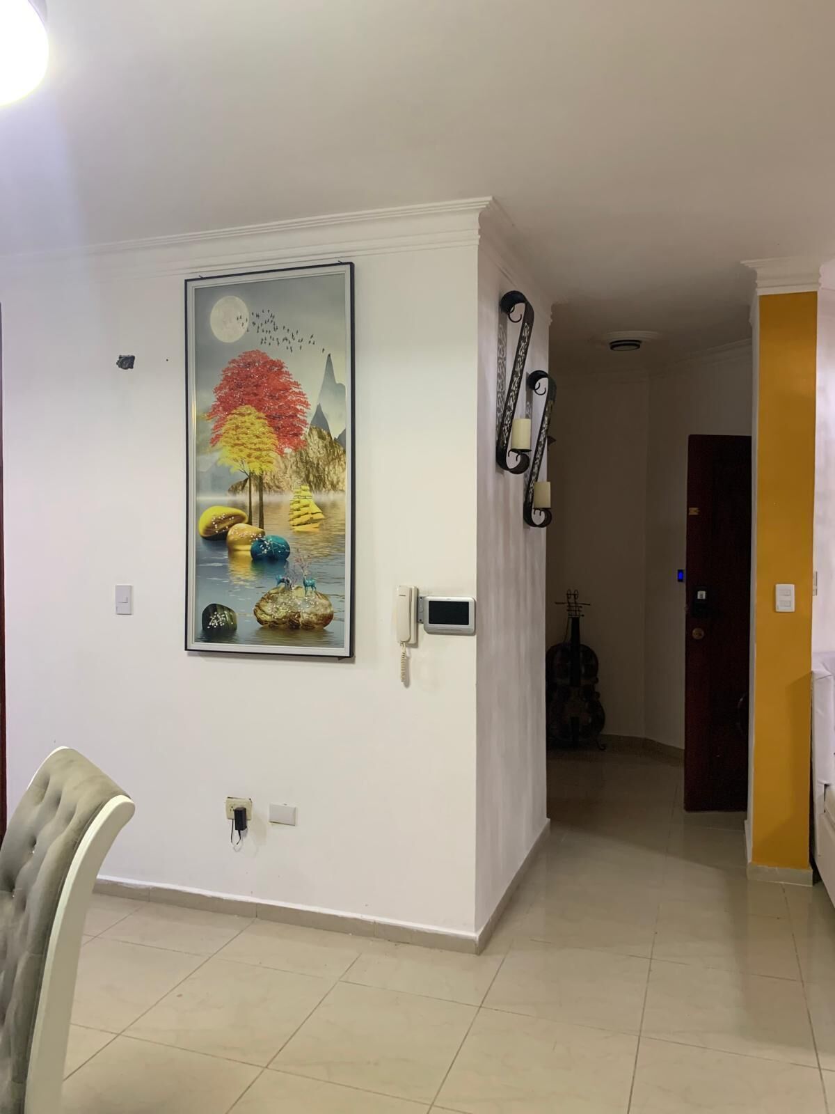 Un pasillo con un cuadro, un teléfono y una puerta que da a otra habitación.