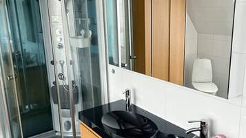 Shower, hair dryer, towels, toilet paper