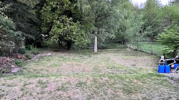 Eine begrünte Fläche mit Bäumen und einer Betonbarriere.