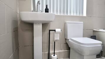 Hair dryer, towels, soap, toilet paper
