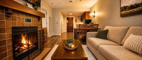 Smart TV, fireplace, foosball