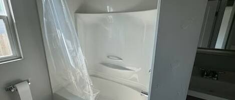 Hair dryer, towels, soap, toilet paper