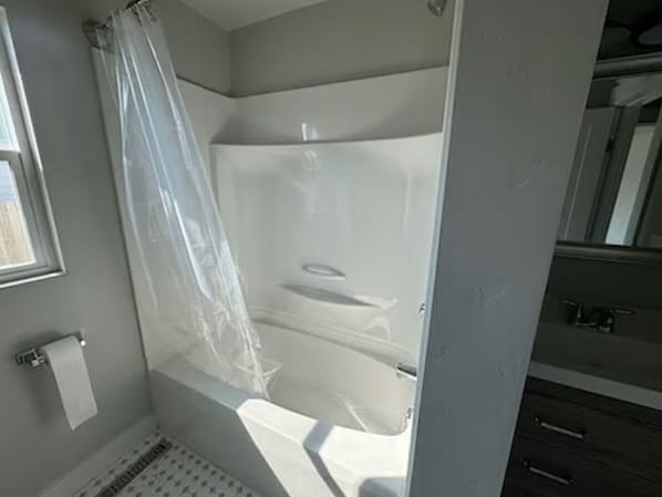 Hair dryer, towels, soap, toilet paper