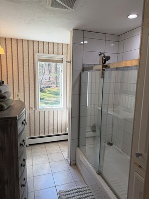 Hair dryer, towels, soap, toilet paper