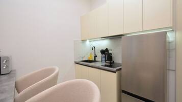 Fridge, microwave, oven, electric kettle