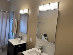Hair dryer, towels, soap, toilet paper