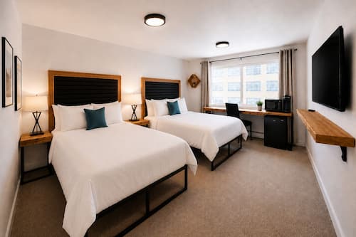 Deluxe Double Room, 2 Queen Beds, Non Smoking | Desk, laptop workspace, blackout drapes, iron/ironing board