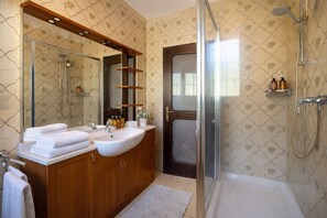 Hair dryer, towels, soap, toilet paper