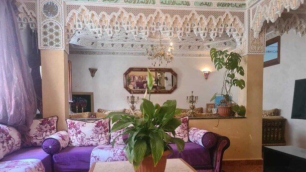 A living room with a sofa set, a coffee table, and a potted plant. - A comfortable family apartment in tangier. (Tanger)