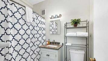 Hair dryer, towels, soap, shampoo