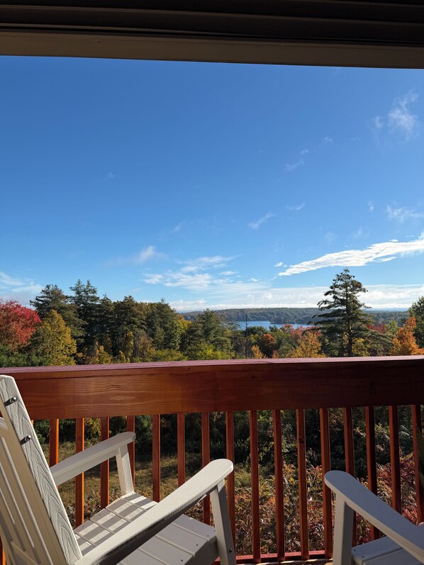 A wooden deck with a white chair, overlooking a forested landscape with a lake in the distance.