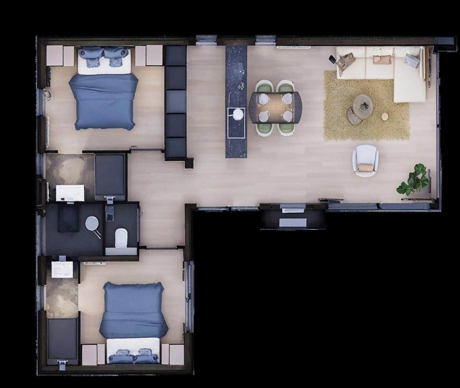 A room with a bed, a desk, a chair, a small table, and a sofa.