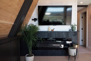 A modern living area with a flat-screen TV mounted above a black fireplace, surrounded by potted plants. - Granite Meadows: Modern A-Frame with Hot Tub (Thomaston)