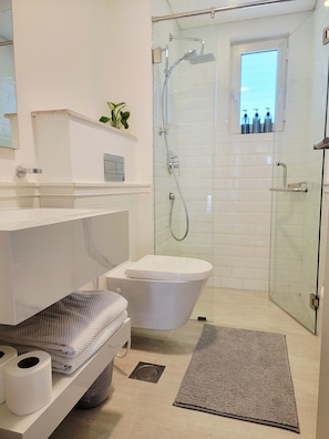 Hair dryer, bidet, towels, soap