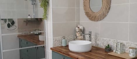 Shower, hair dryer, towels