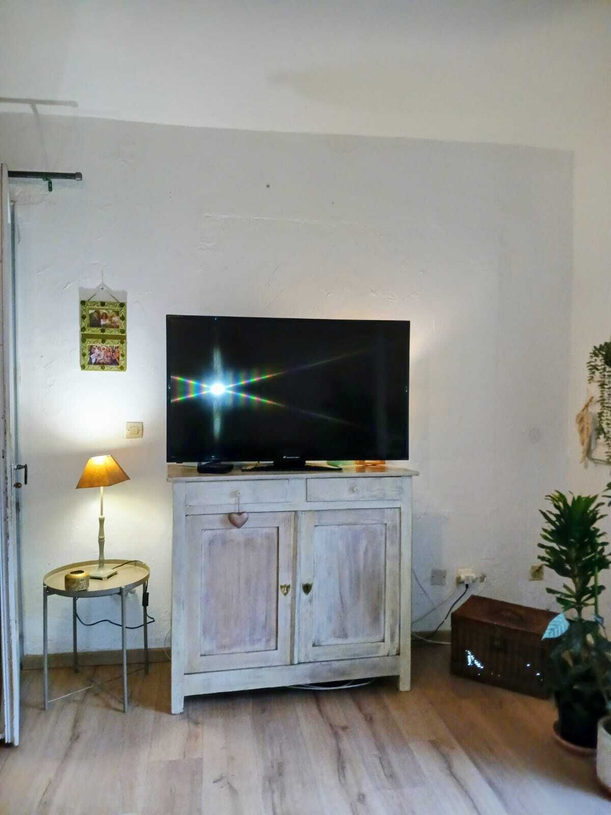 A living room with a television on a cabinet, a lamp on a side table, and a potted plant.