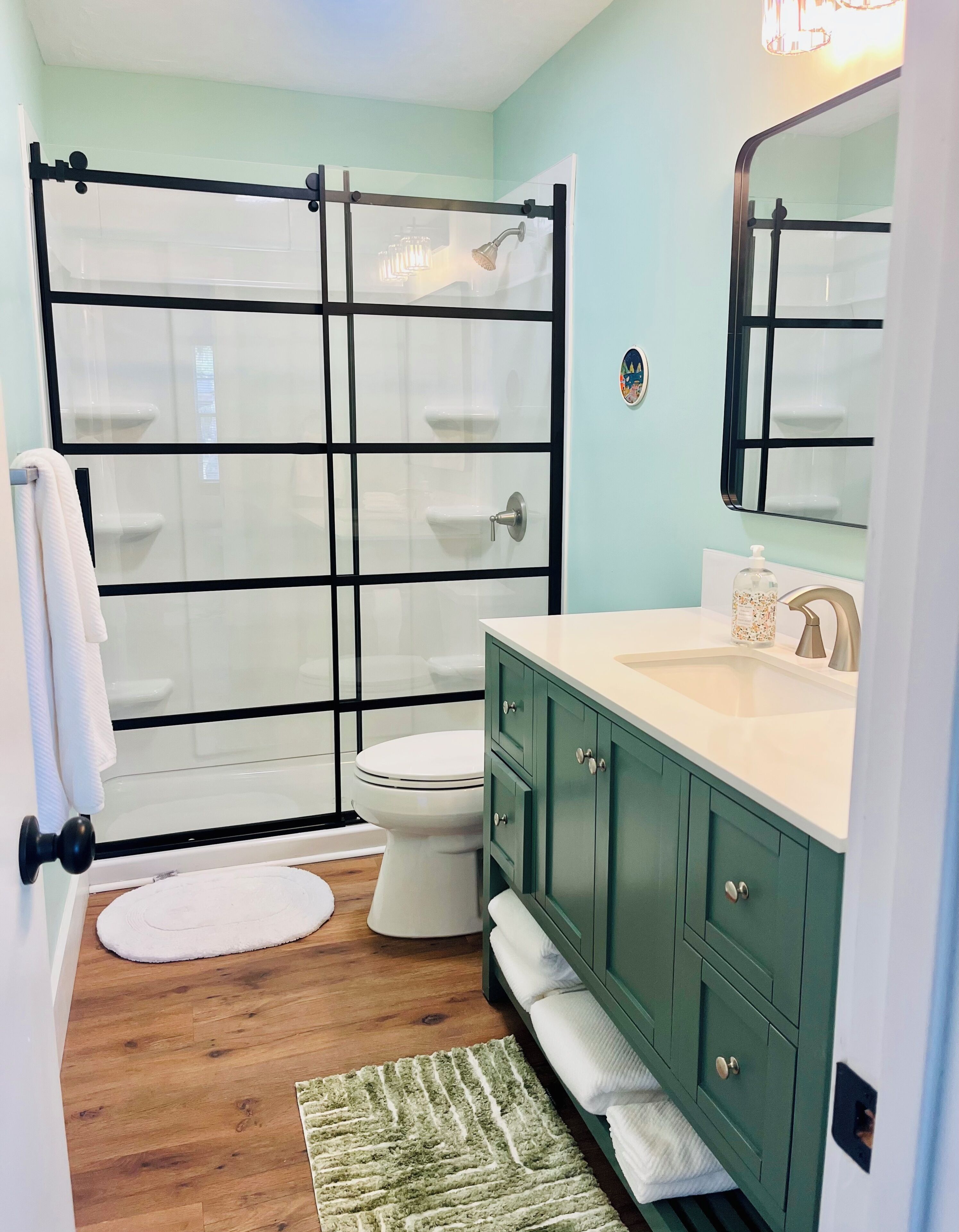 Hair dryer, towels, soap, shampoo