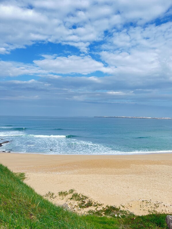 Ein Strand mit Wellen, blauem Himmel und weiter Küste im Hintergrund.