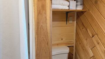 Shower, towels, soap, toilet paper