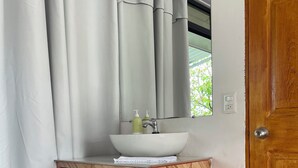A bathroom with a sink, mirror, and a small cabinet with a door. - Volcano View (San Carlos)
