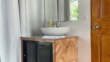 Shower, towels, soap, toilet paper