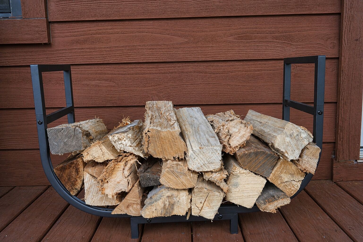 Une pile de bois de chauffage posée sur un banc en métal, adossée à un mur en bois.