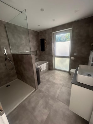 Hair dryer, towels, soap, shampoo