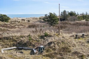 Eine Küstenlandschaft mit trockenem Gras, einer hölzernen Bank und einer Metallkonstruktion.