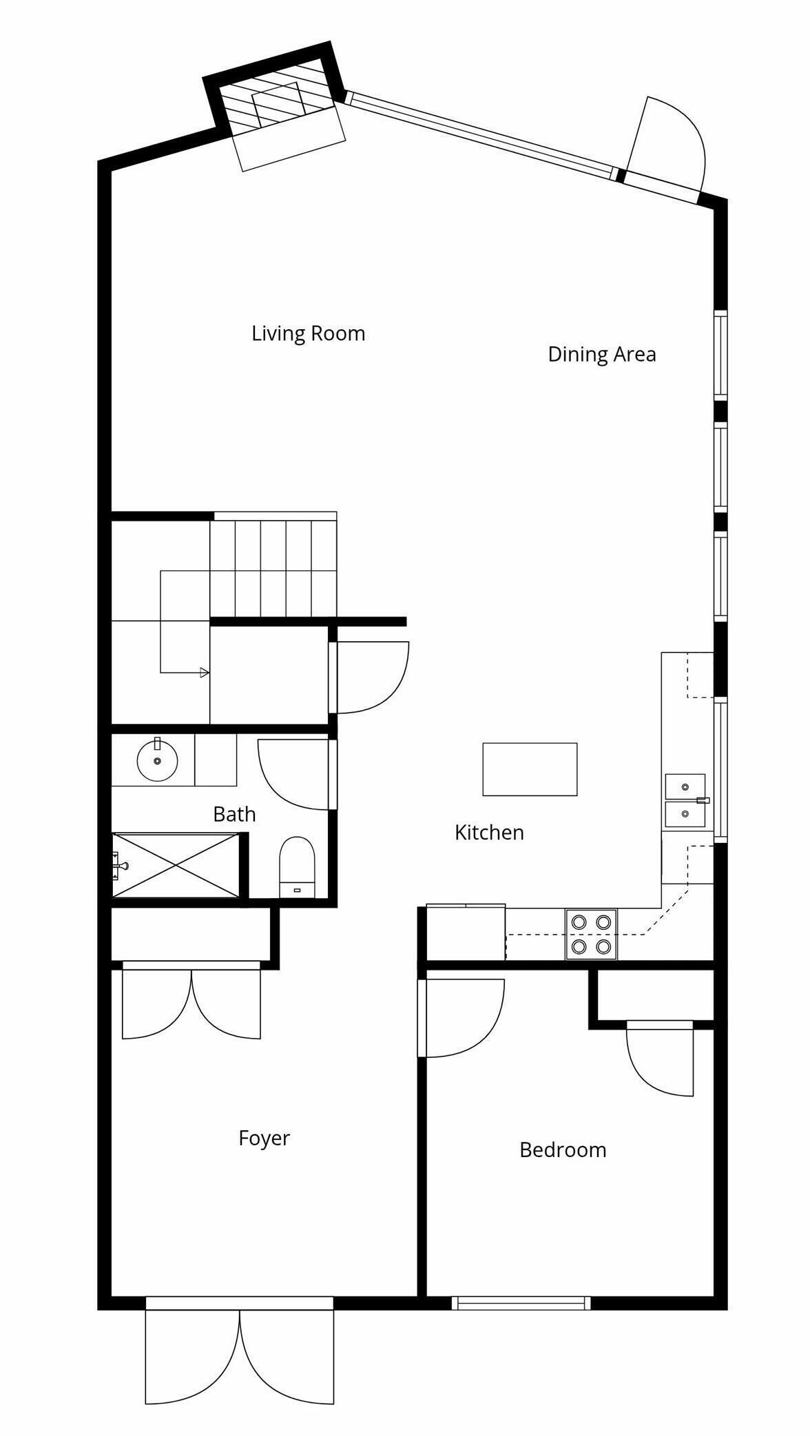 En planritning som visar vardagsrum, matplats, kök, badrum, entréhall och sovrum.