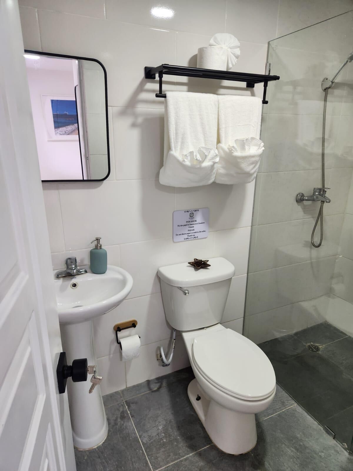 Une salle de bain avec des toilettes, un lavabo et une douche.