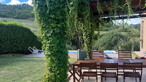 Eine überdachte Terrasse mit Tisch und Stühlen, umgeben von viel Grün und Blick auf ein Feld.