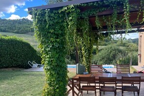 Eine überdachte Terrasse mit Tisch und Stühlen, umgeben von viel Grün und Blick auf ein Feld.