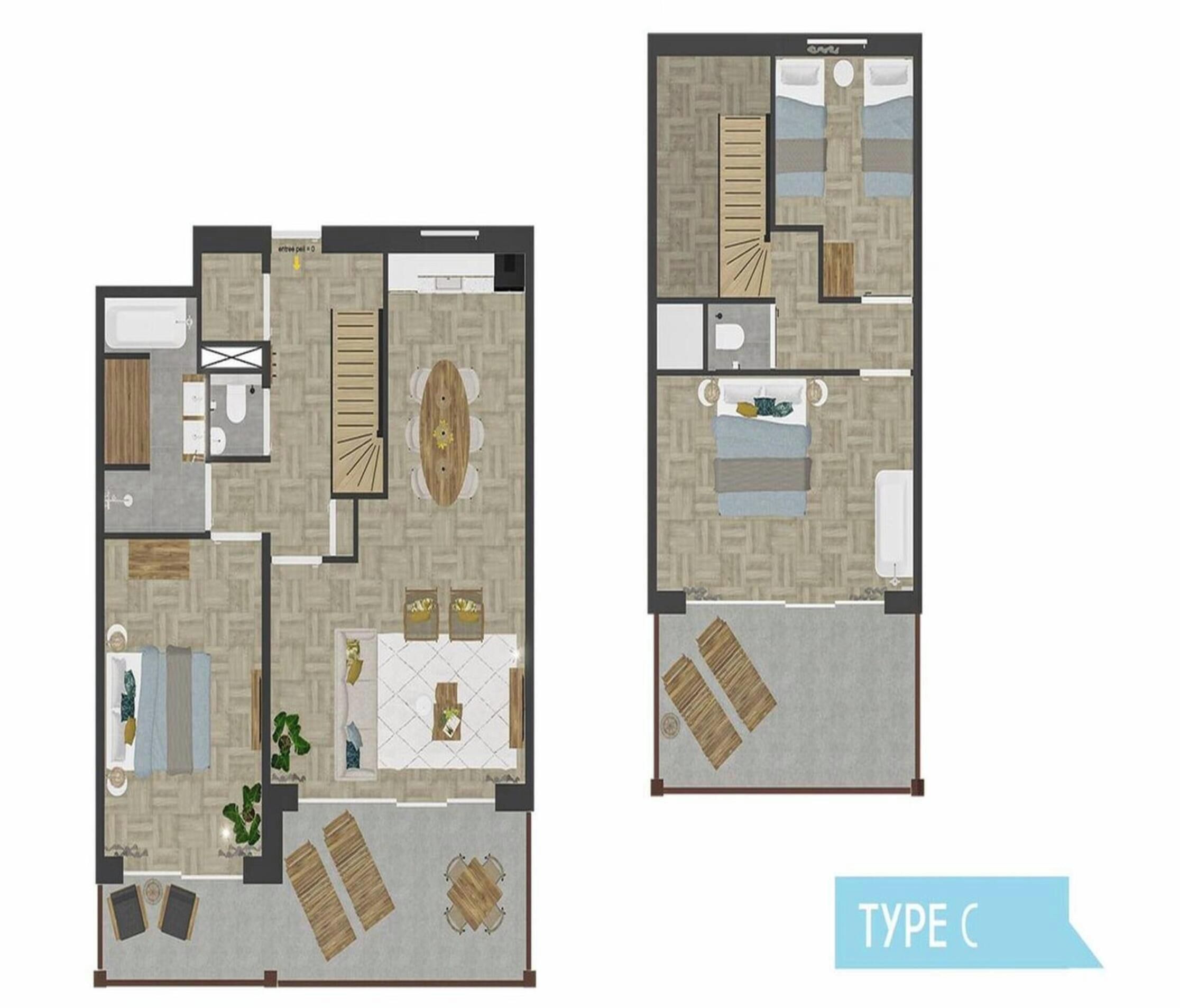 A two-bedroom apartment layout with a bathroom, kitchenette, dining area, and a living room.