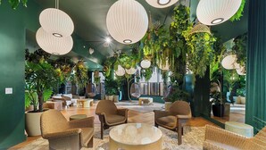 Een zithoek met rieten meubels, hangplanten en hanglampen.