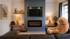 Ein modernes Wohnzimmer mit Kamin, Fernseher und einem großen Teddybären.