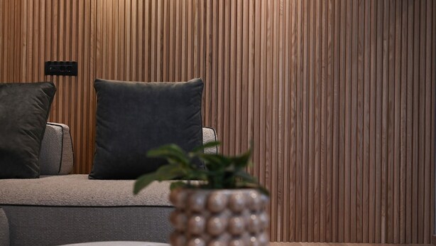 A modern living room with a sofa, cushions, a round table, and a decorative plant. - Cocoon Athenian Riviera by Neuvel (Vari-Voula-Vouliagmeni)