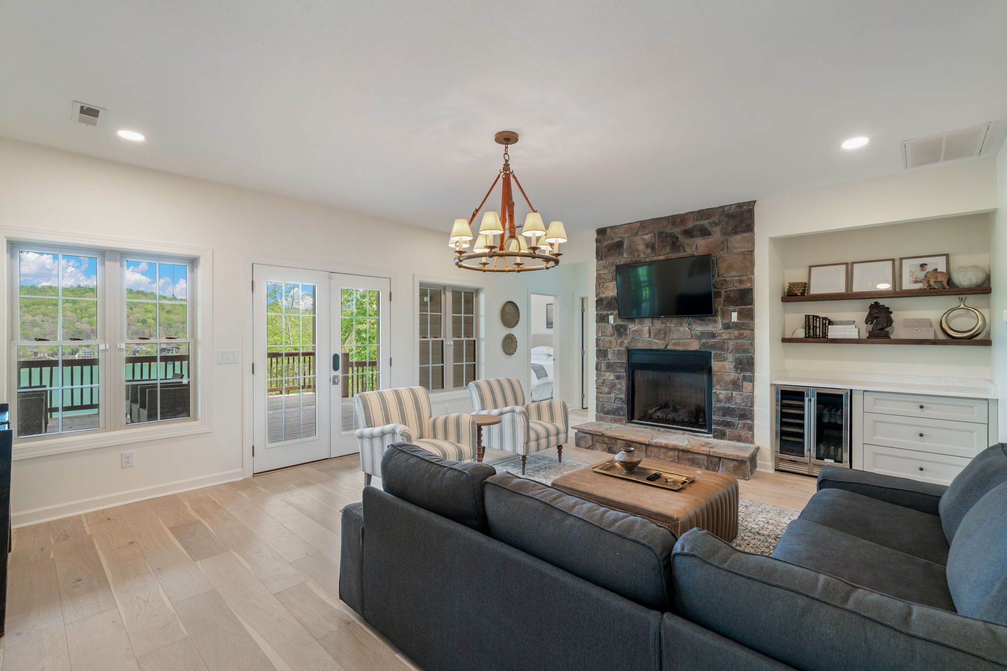Smart TV, fireplace, books