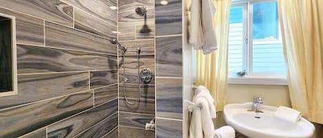 Shower, hair dryer, towels