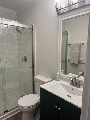 Shower, hair dryer, towels, toilet paper