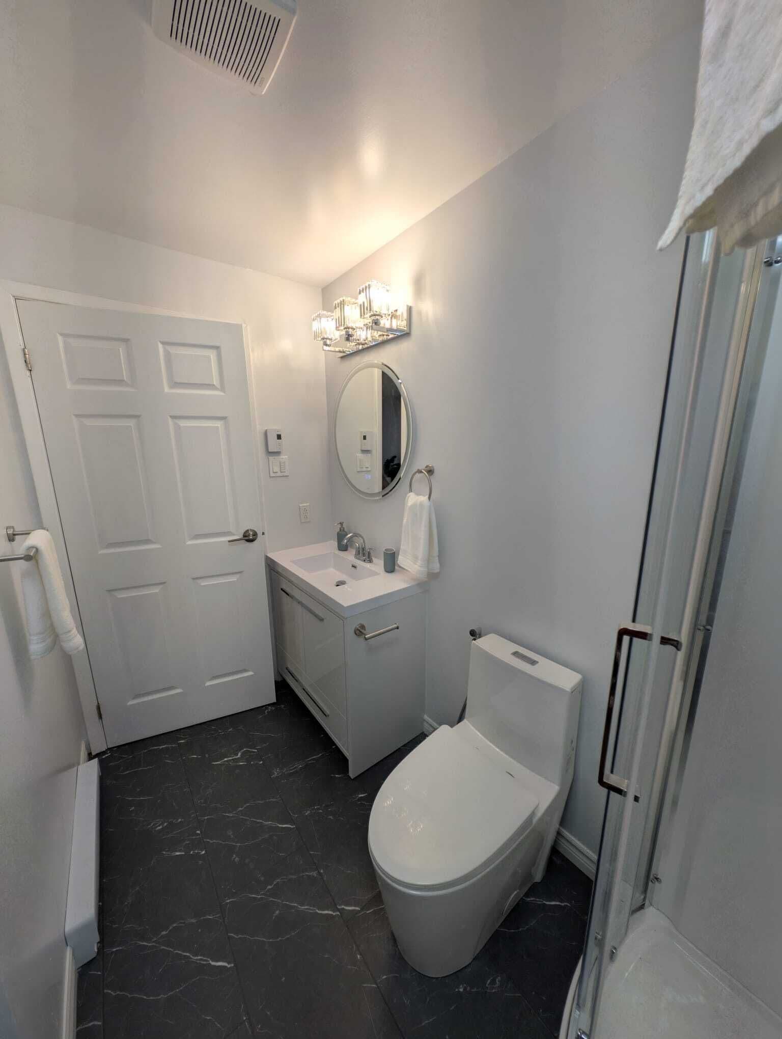 Bidet, towels, soap, shampoo