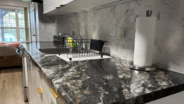 A kitchen with a marble countertop, a dish rack, a paper towel dispenser, and a window with a view of trees.