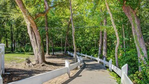 A pathway in a wooded area with white railings and trees.