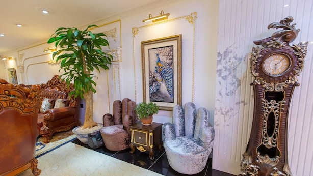 An opulent room with a grand piano, plush armchairs, a large ornate clock, and a framed peacock painting. - Queen T and T Dalat (Da Lat)